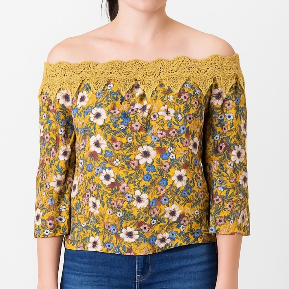 Essue Off Shoulder Floral Blouse Mustard Yellow Crochet Lace XL Boho